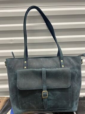 Distressed Genuine Leather Structured Tote in Teal Blue - Everyday Shoulder Bag